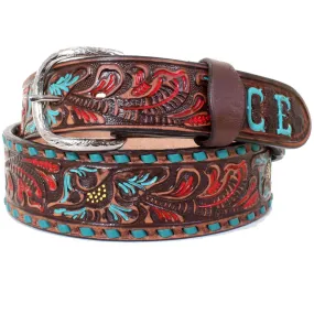 B932A -FAST SHIP Brown Vintage Floral Tooled Belt with Initials