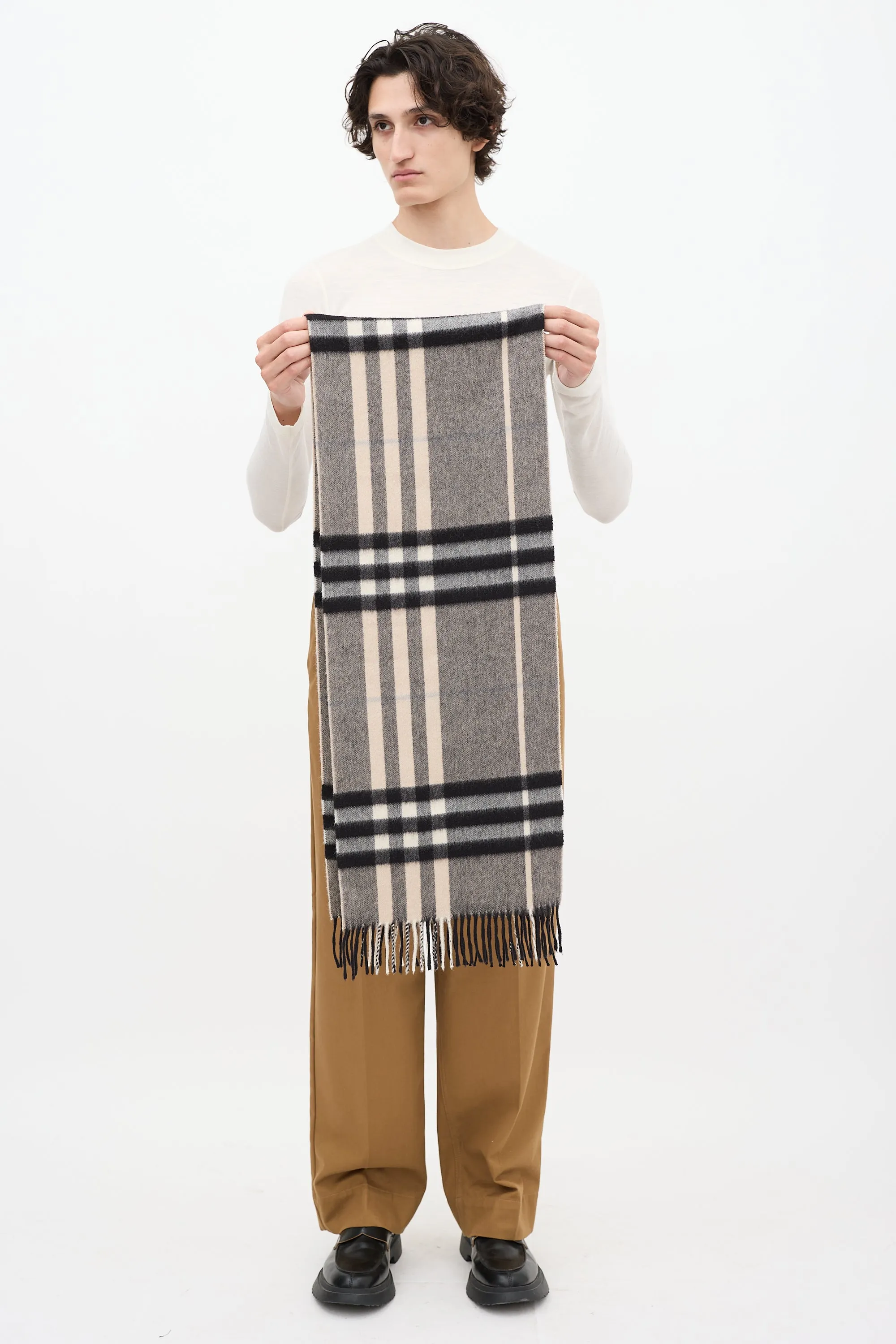 Black & Beige Cashmere Nova Check Fringe Scarf