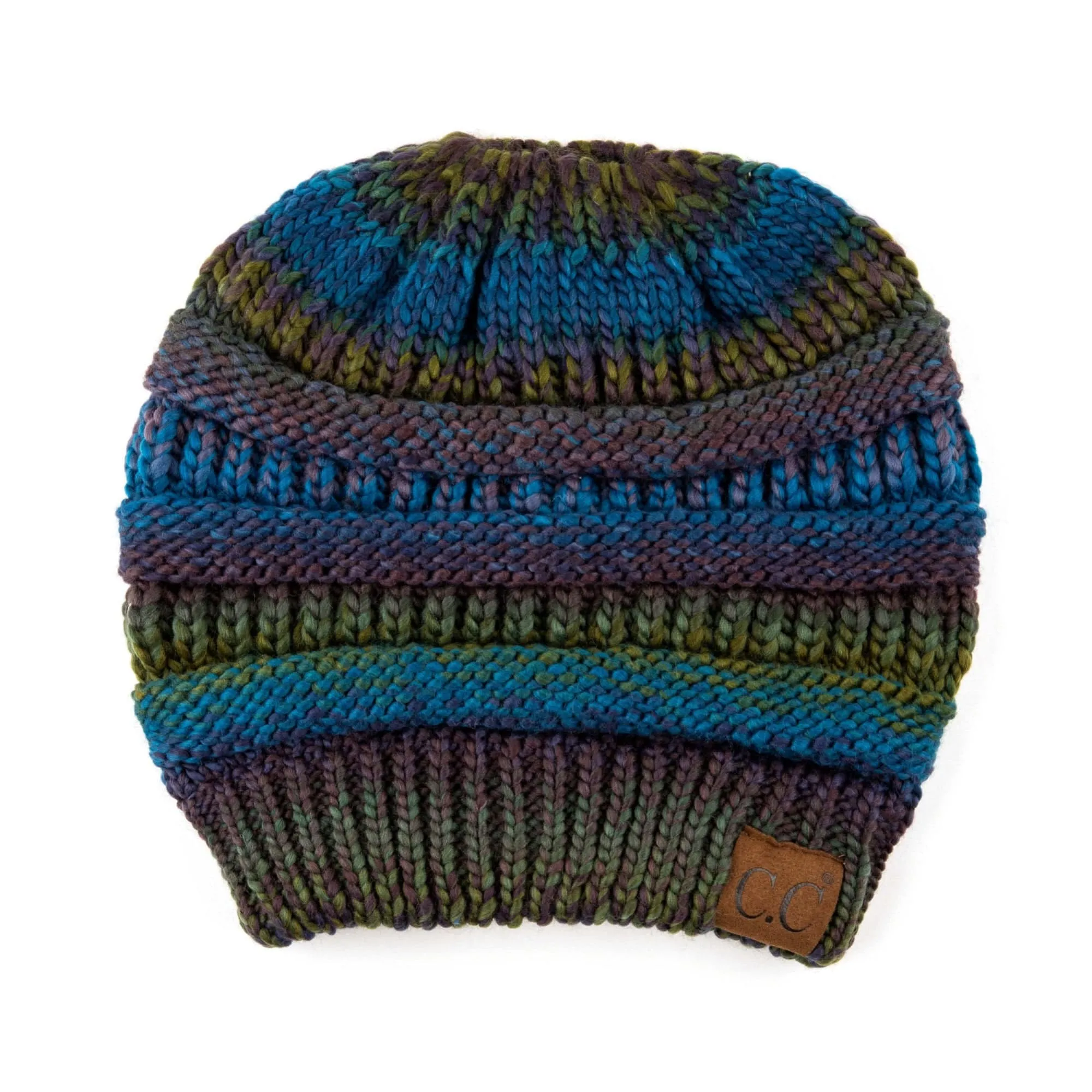 CC Bun/Pony Multi Colored Striped Beanie