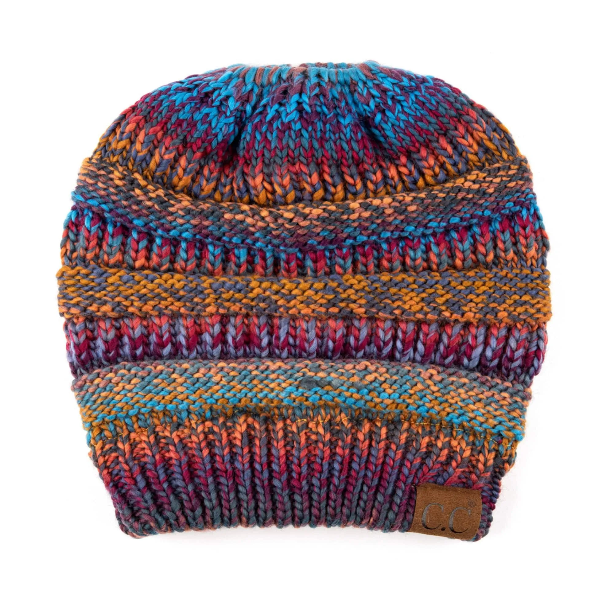 CC Bun/Pony Multi Colored Striped Beanie