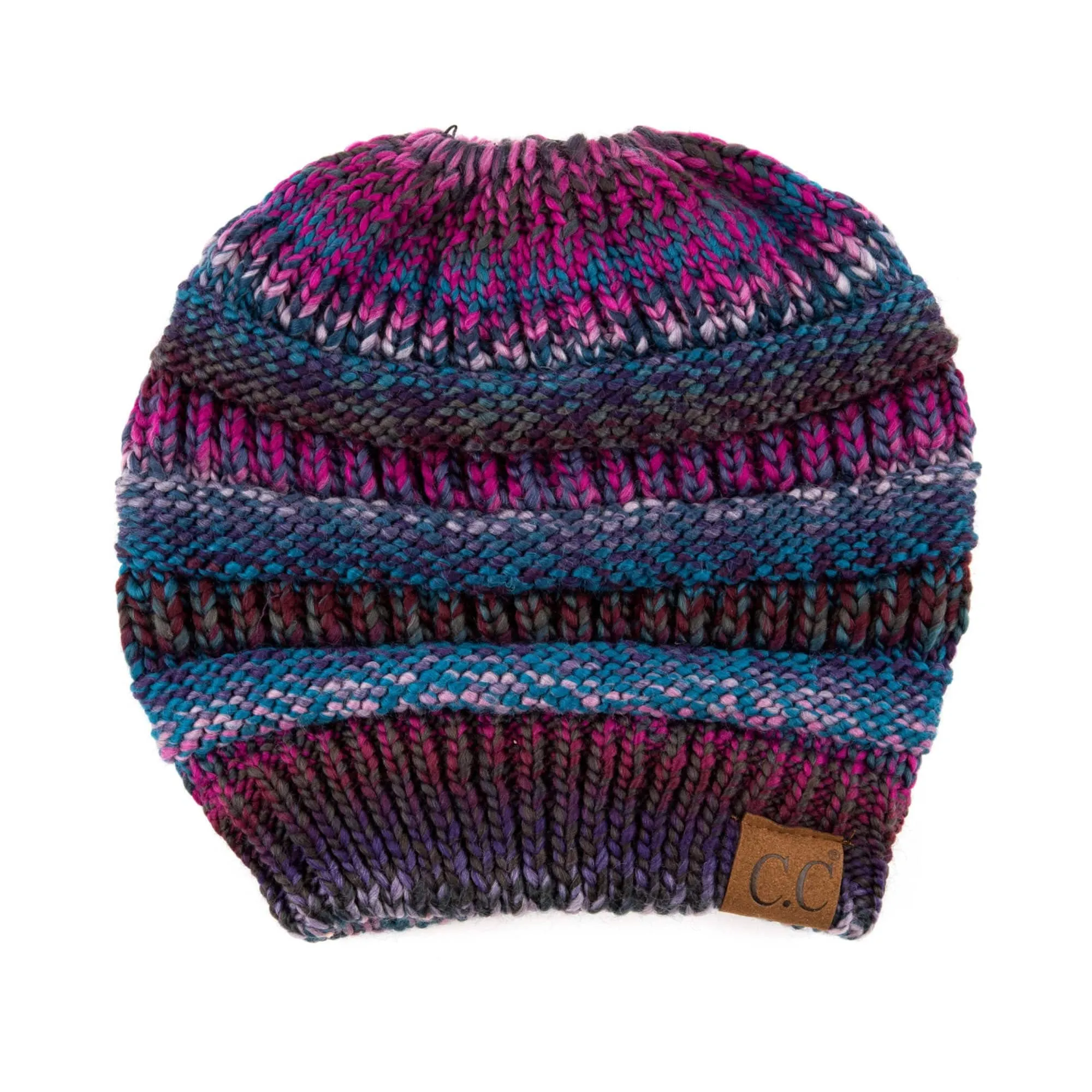 CC Bun/Pony Multi Colored Striped Beanie