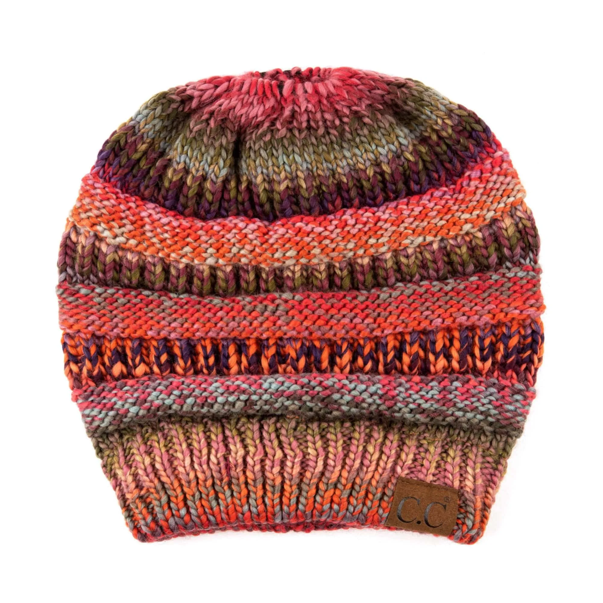 CC Bun/Pony Multi Colored Striped Beanie
