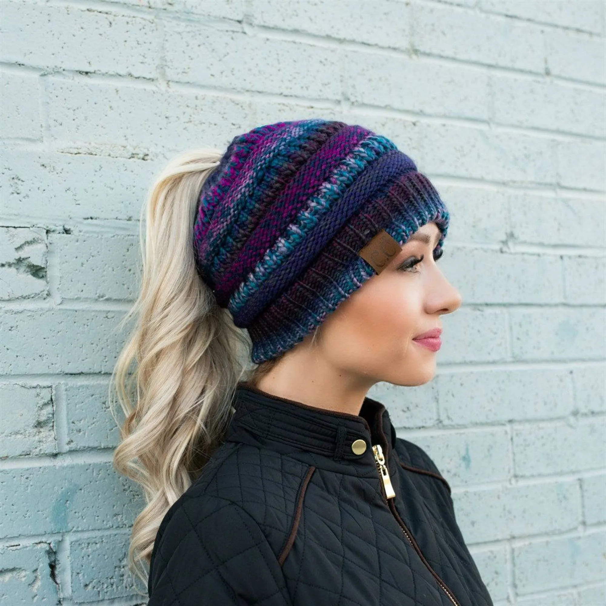 CC Bun/Pony Multi Colored Striped Beanie