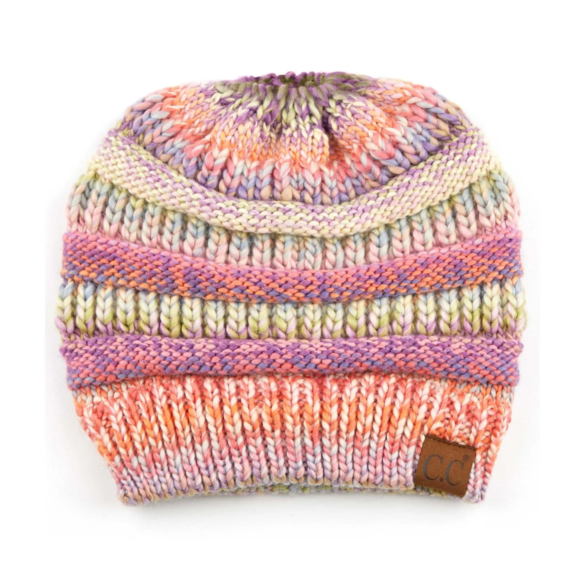CC Bun/Pony Multi Colored Striped Beanie