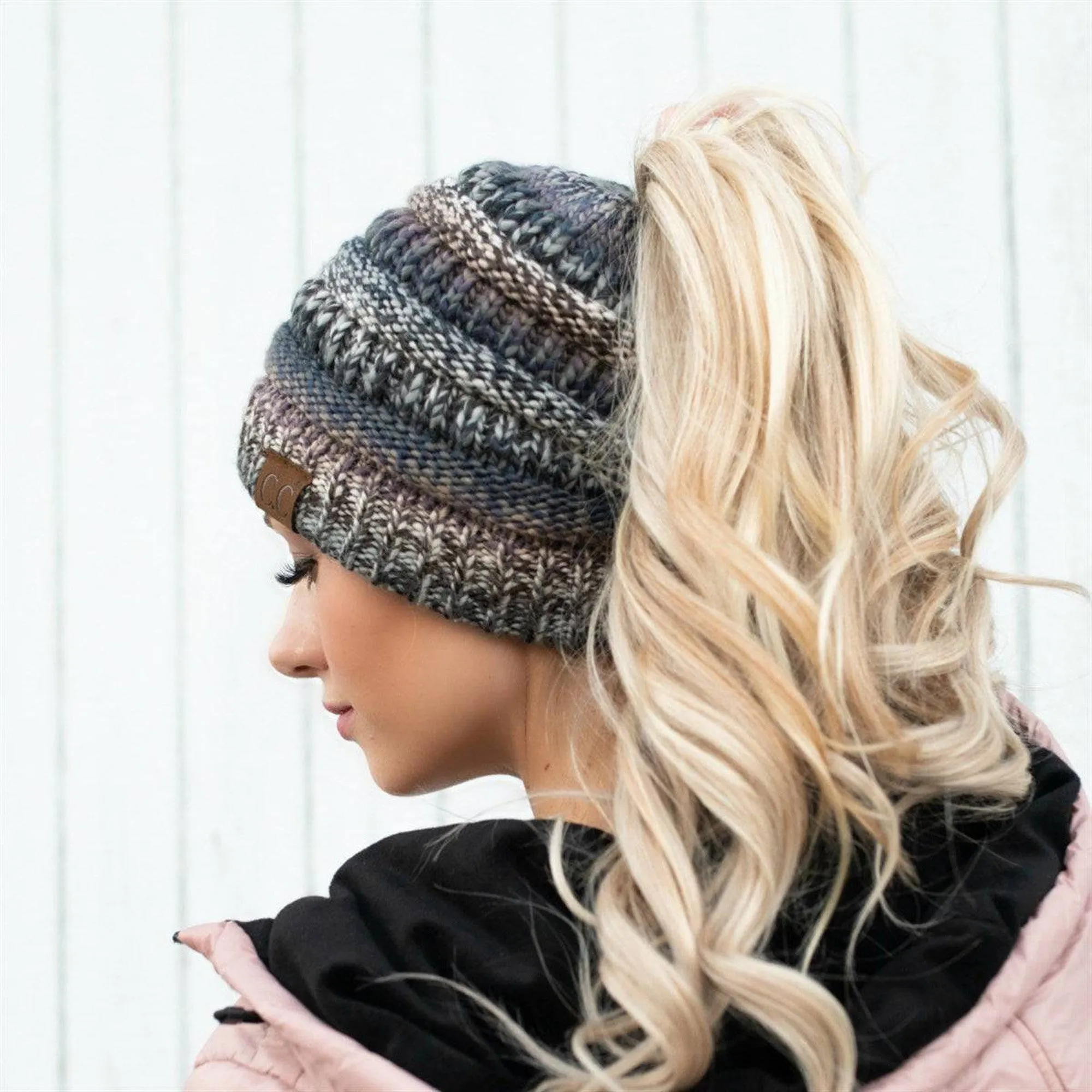 CC Bun/Pony Multi Colored Striped Beanie