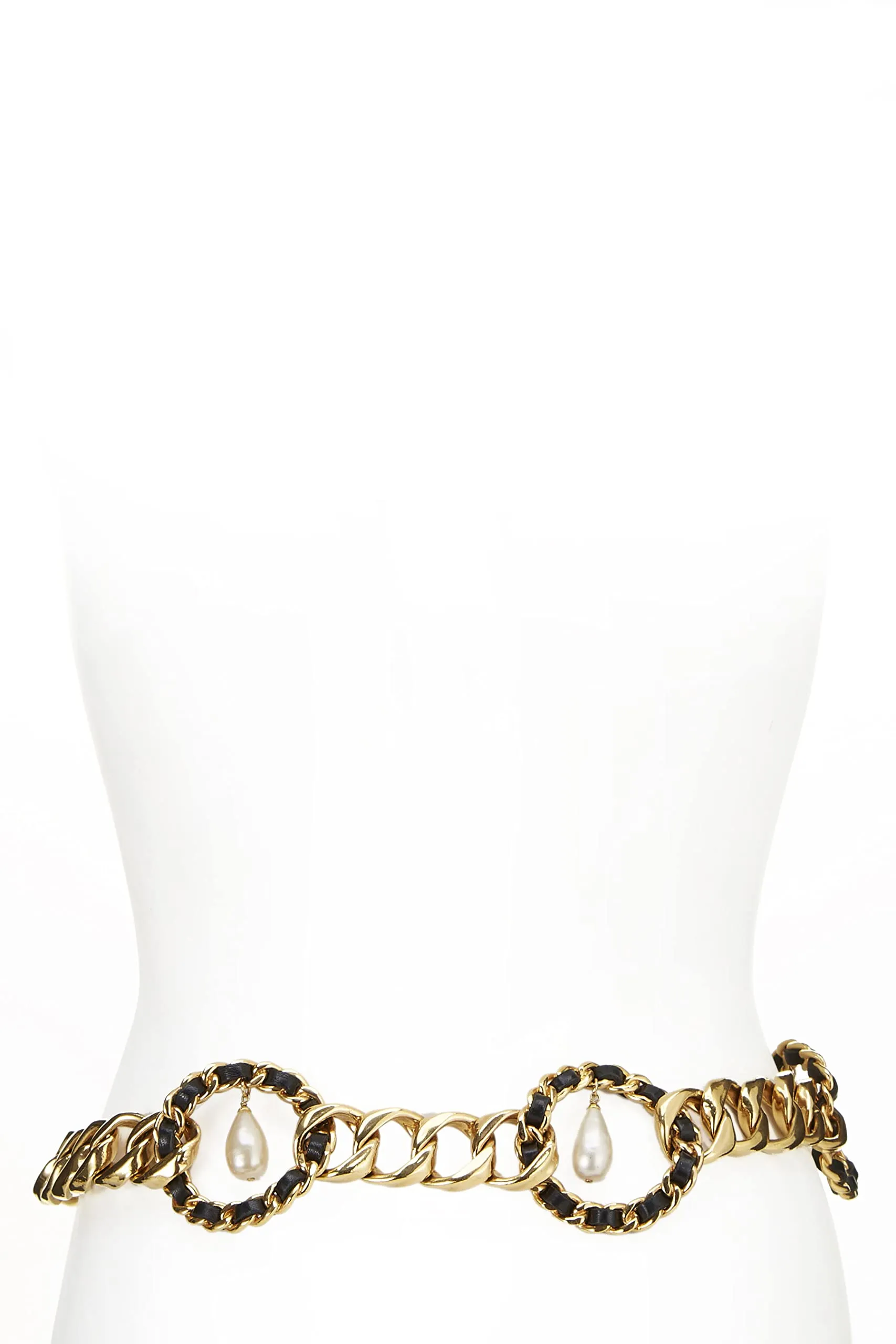 Chanel,  Gold & Black Rope Circle Faux Pearl Chain Belt, Black