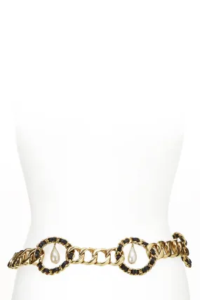 Chanel,  Gold & Black Rope Circle Faux Pearl Chain Belt, Black
