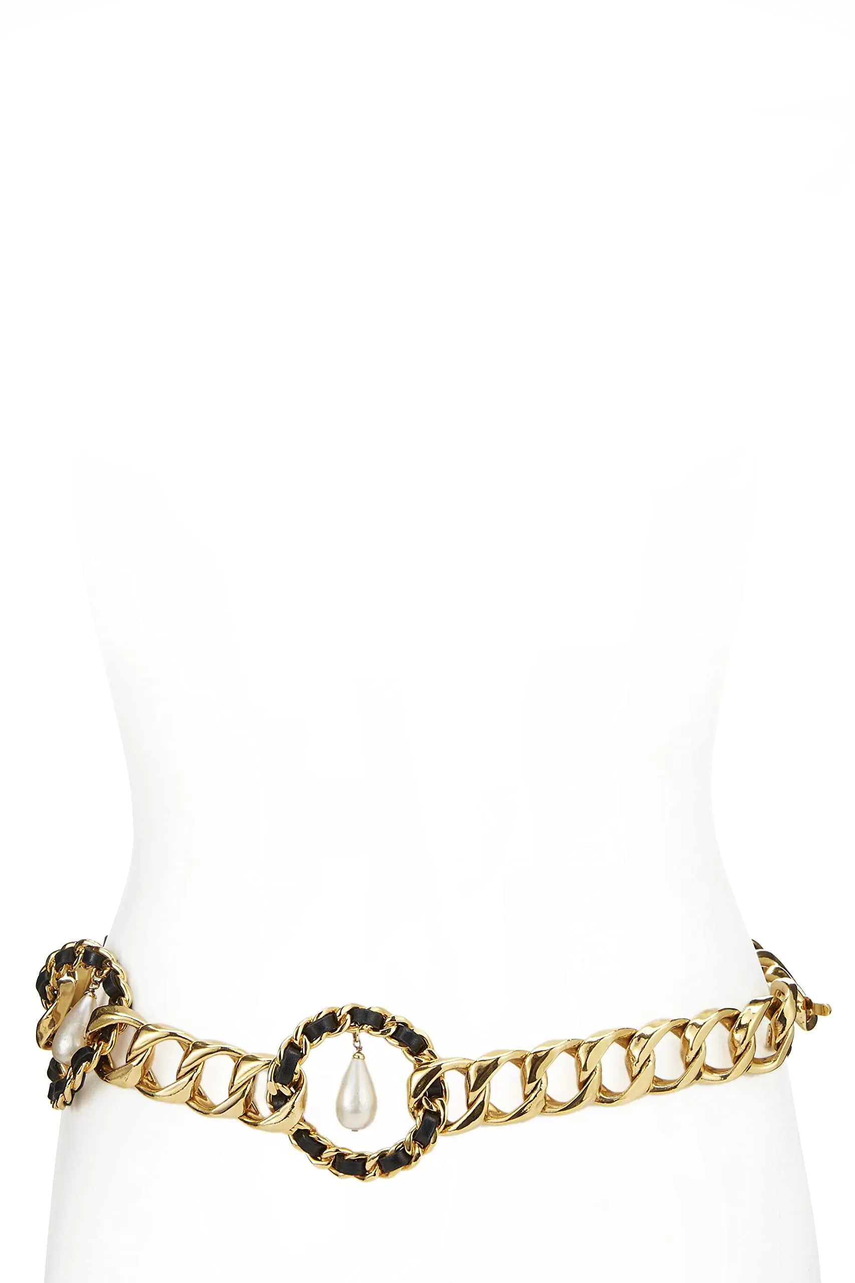 Chanel,  Gold & Black Rope Circle Faux Pearl Chain Belt, Black