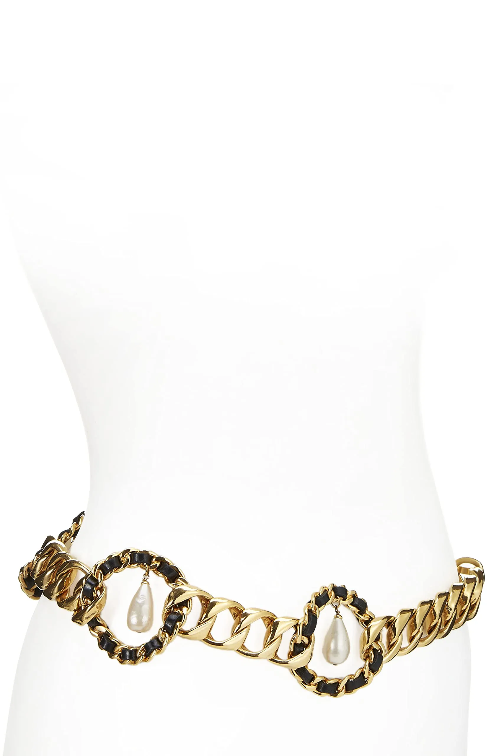 Chanel,  Gold & Black Rope Circle Faux Pearl Chain Belt, Black