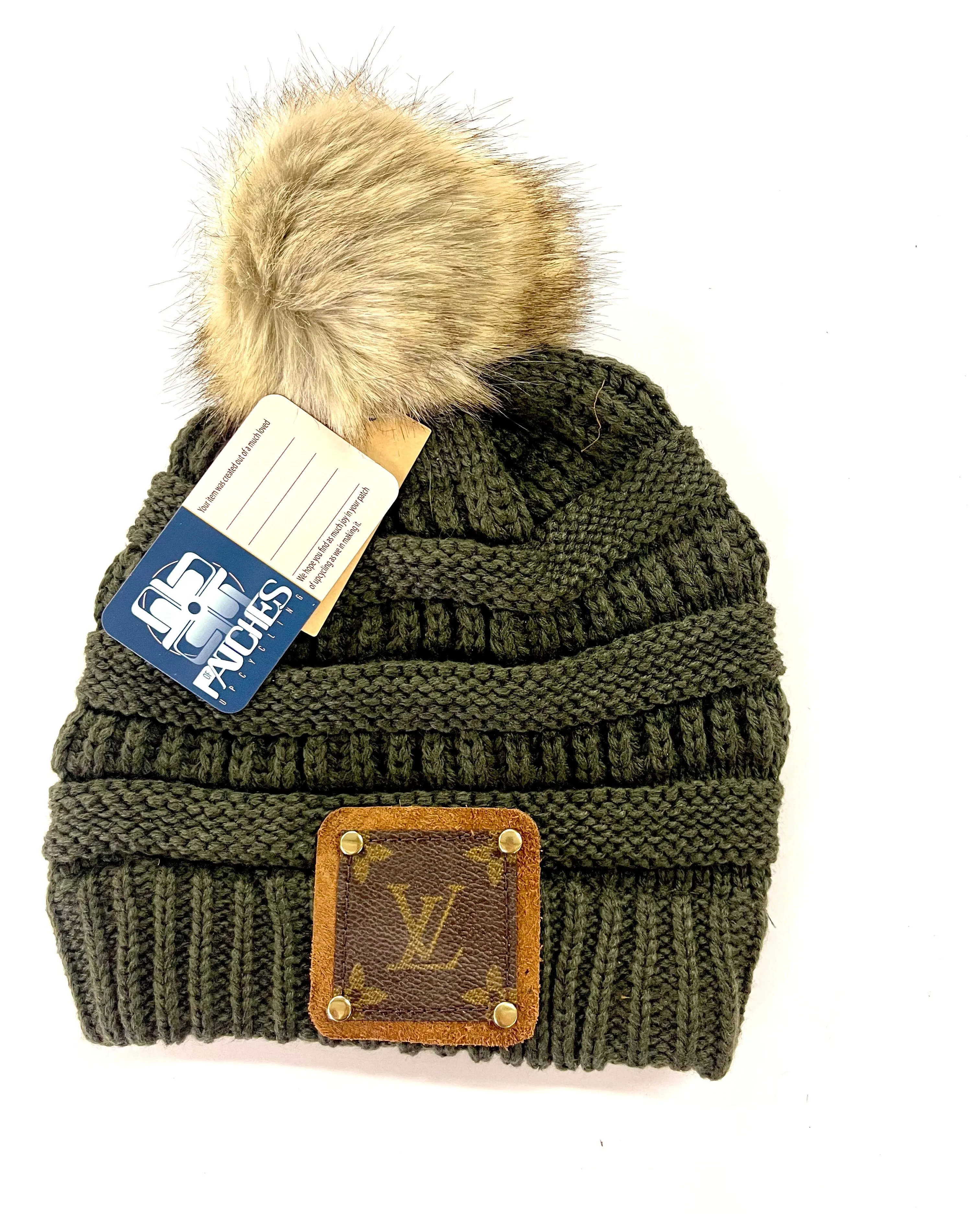 Forest Green Beanie with brown patch antique hardware