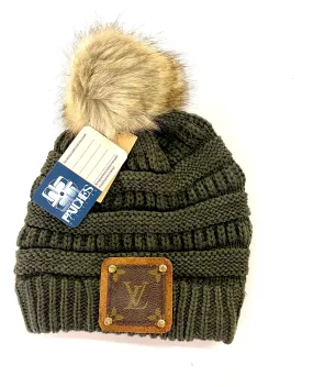 Forest Green Beanie with brown patch antique hardware